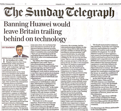 驻英国大使刘晓明在英《星期日电讯报》发表署名文章《禁止华为将使英国在新一轮技术革命中落后》