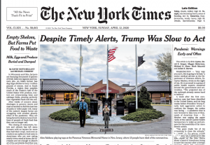 《纽约时报》4月12日头版头条发表6千多字的深度调查报道, 痛批特朗普抗疫失策