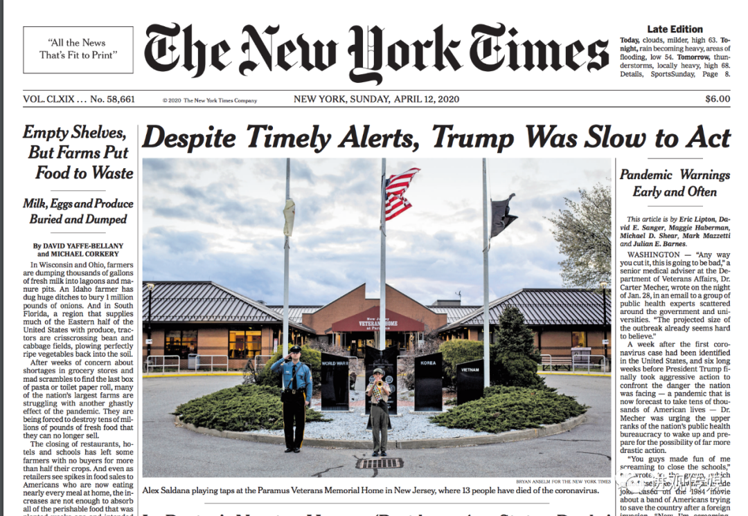 《纽约时报》4月12日头版头条发表6千多字的深度调查报道, 痛批特朗普抗疫失策
