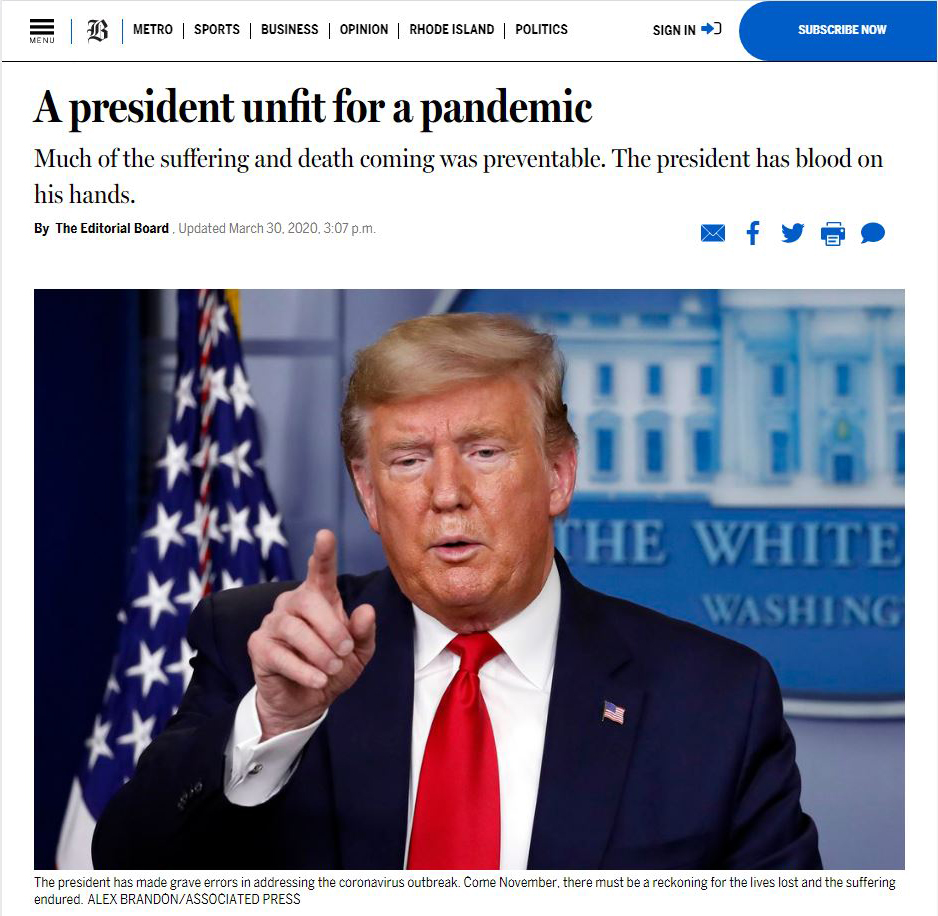 《波士顿环球报》:许多苦难和死亡本可避免,总统手上沾满鲜血